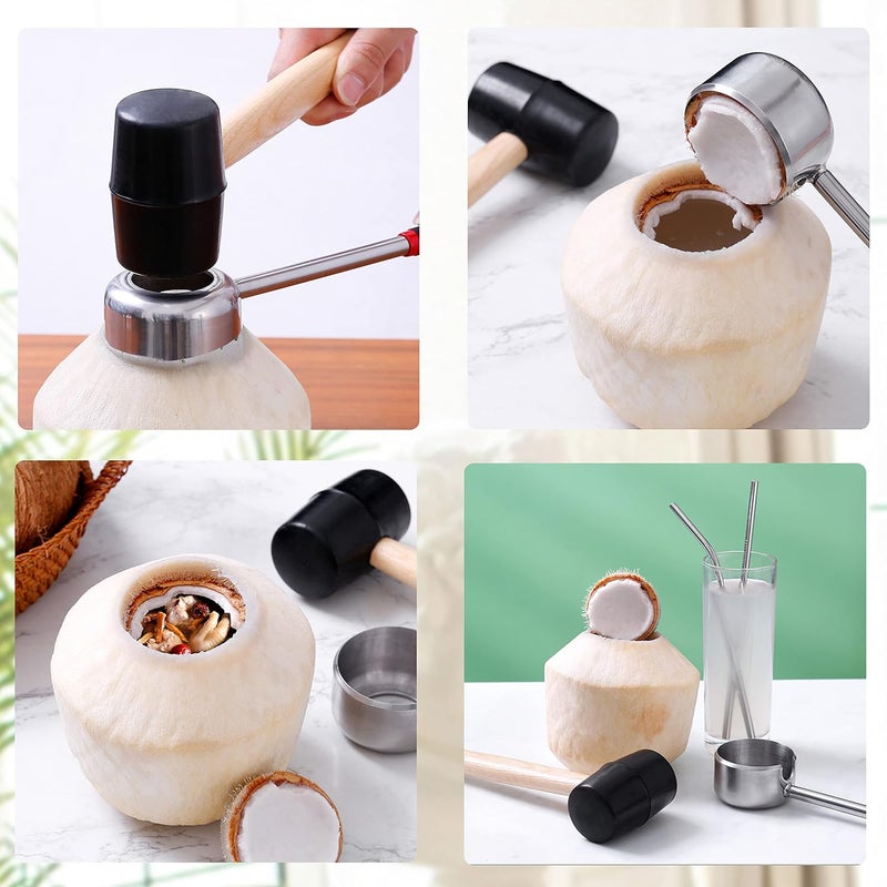 CJFocus Coconut Opener Tool Set, Food Grade Stainless Steel Coco Opener Kit for Coconut Young & Mature, Coconut Shell Puncher Knife, Rubber Hammer with Wood Handle, Silicone Mat Shockproof - Image 4